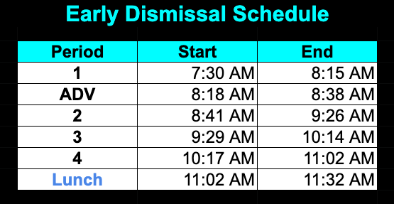 Early Dismissal Schedule